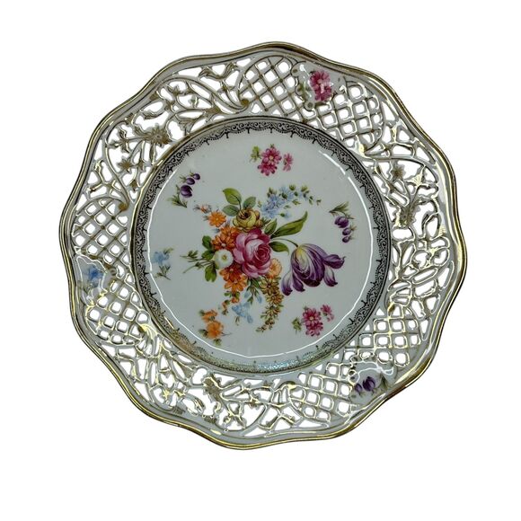 Schumann Dresden Bouquet Pierced Wall Plate 8" Germany Vintage Fine Porcelain - Picture 8 of 9